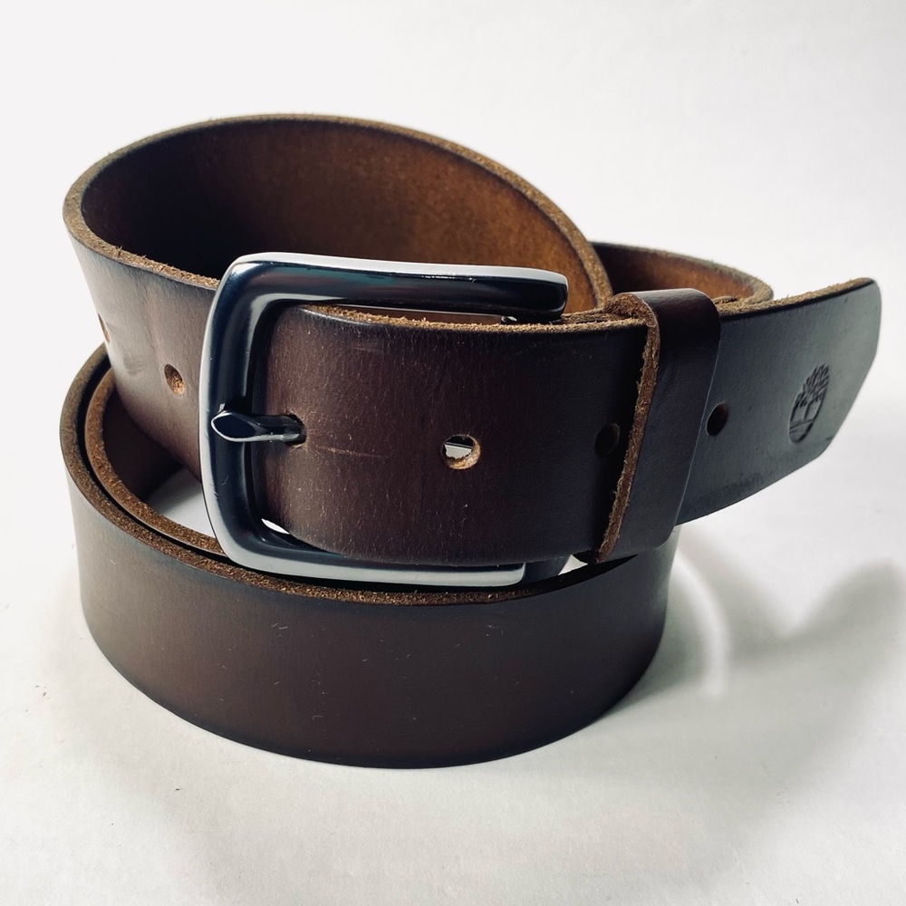 Timberland Dark Brown Leather Gunmetal Gray Belt L (40)